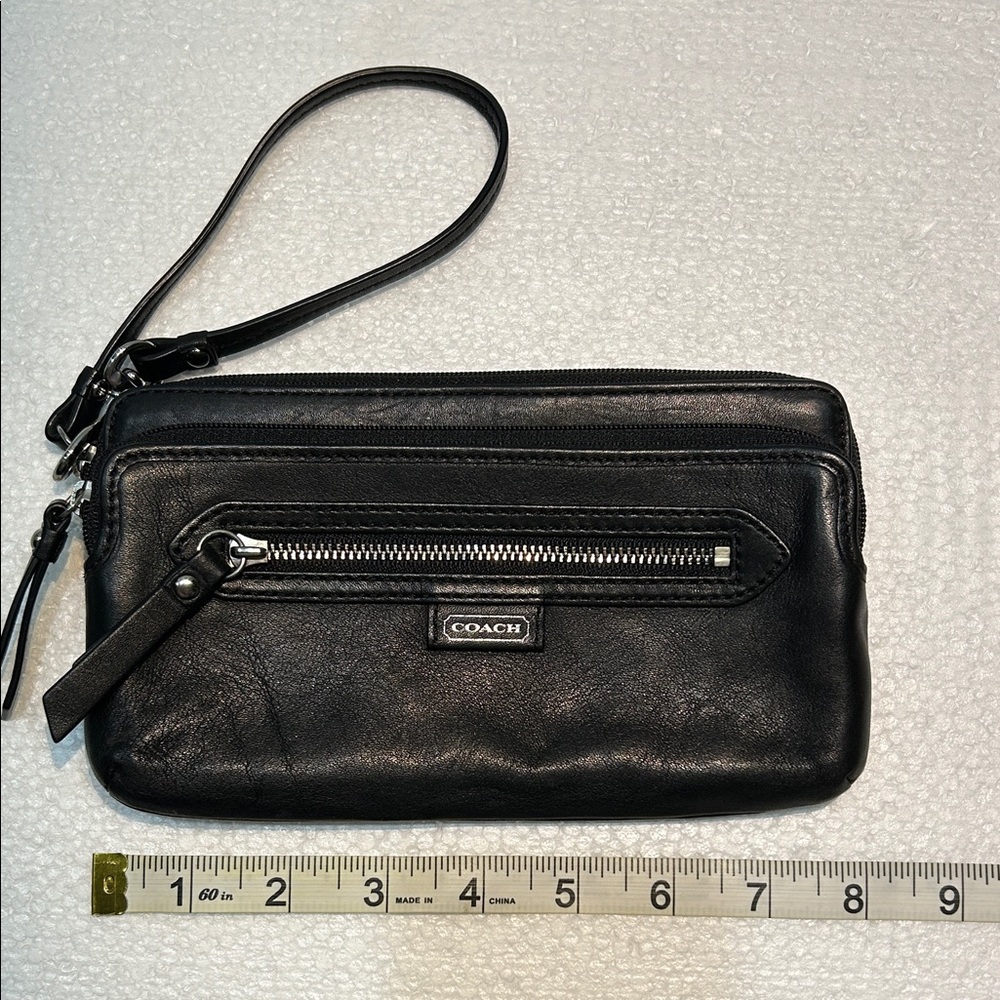 Coach Black Leather Wristlet with Zippered sections